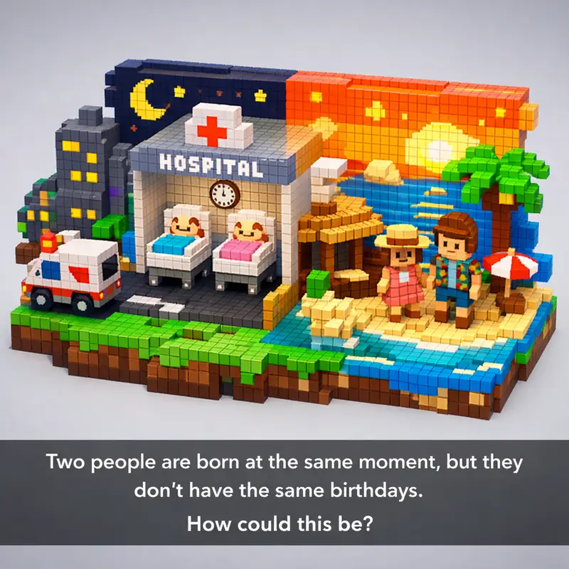Two people are born at the same moment, but they don't — Riddle with ...